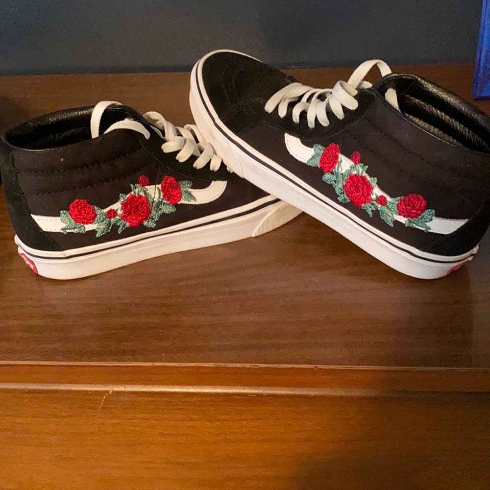 High top black and white vans with rose embroidery